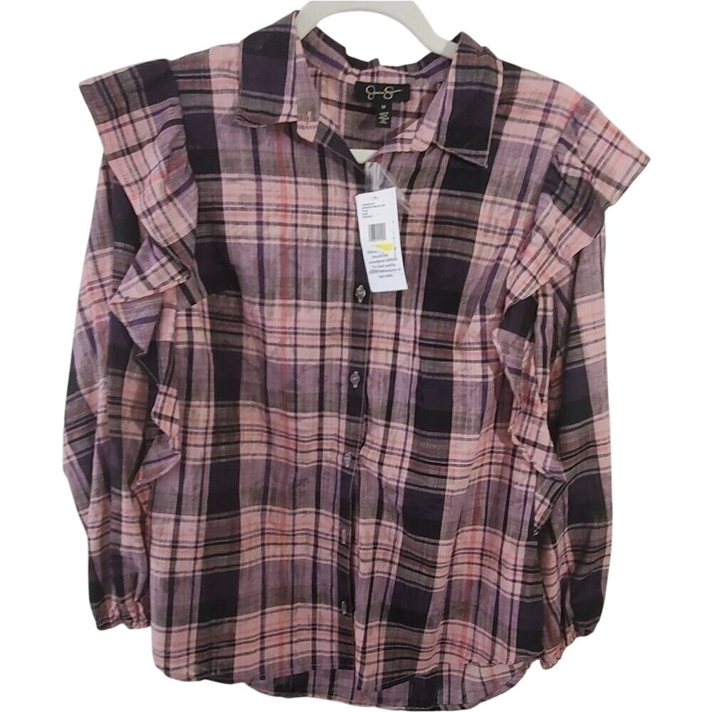 Jessica Simpson Purple‎ Pink Plaid Ruffle Trim Button Down Blouse Medium NEW